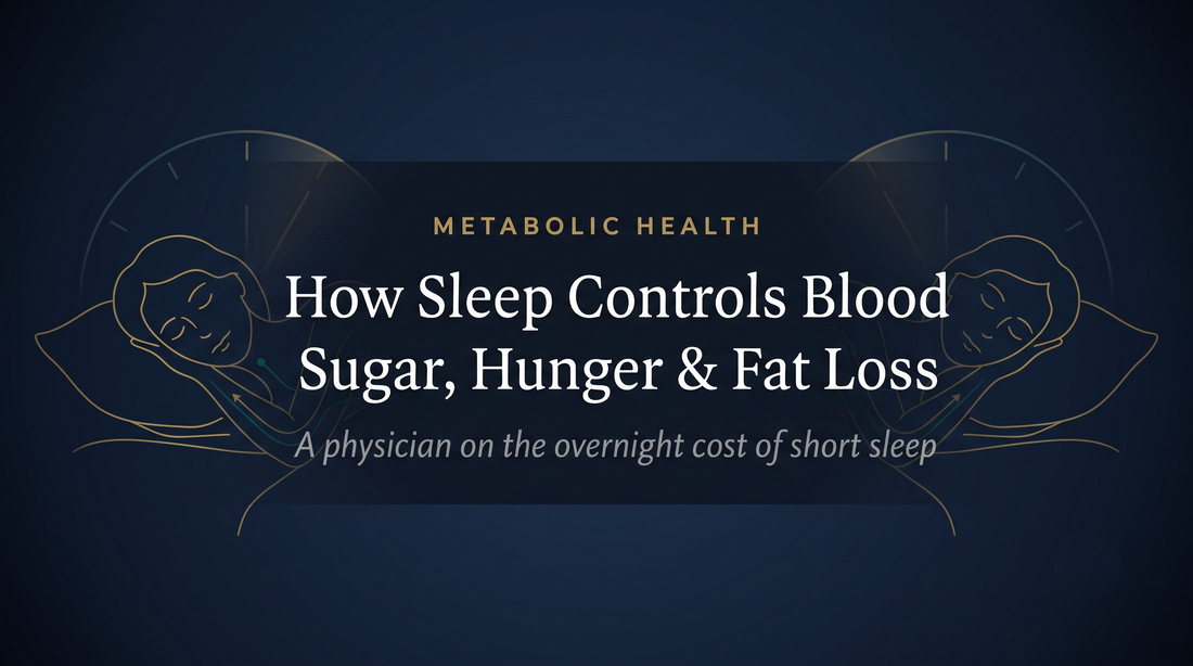 Editorial hero on how sleep controls blood sugar, hunger, and fat loss, sleep and metabolic health — DrFitzNutrition.com