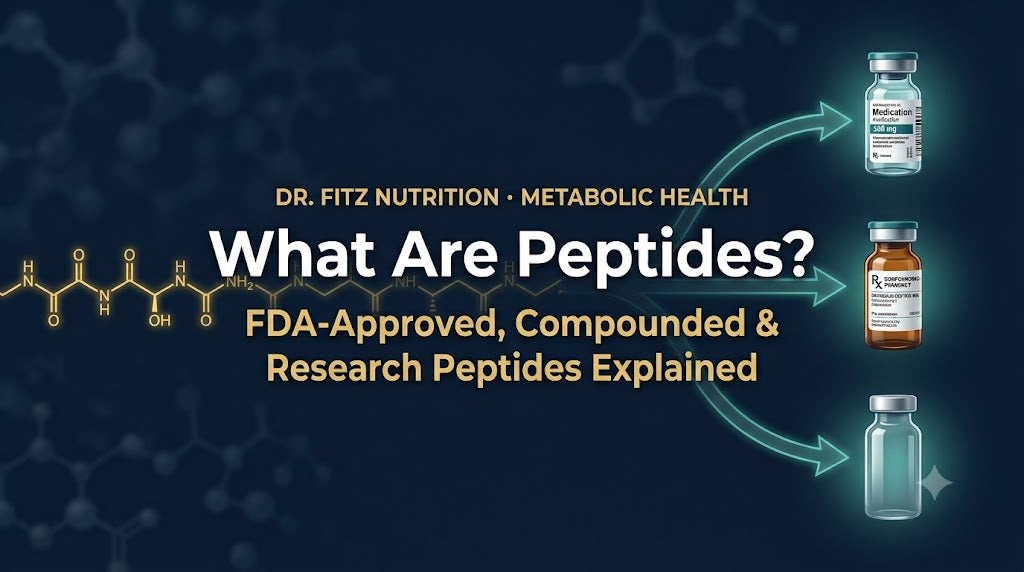 What Are Peptides infographic showing FDA-approved, compounded, and research peptide categories — DrFitzNutrition.com