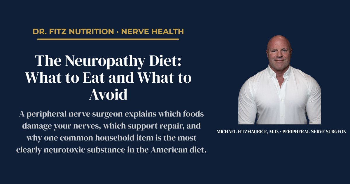 The Neuropathy Diet — what to eat and what to avoid to protect peripheral nerves, a fellowship-trained peripheral nerve surgeon's guide by Dr. Michael Fitzmaurice — DrFitzNutrition.com