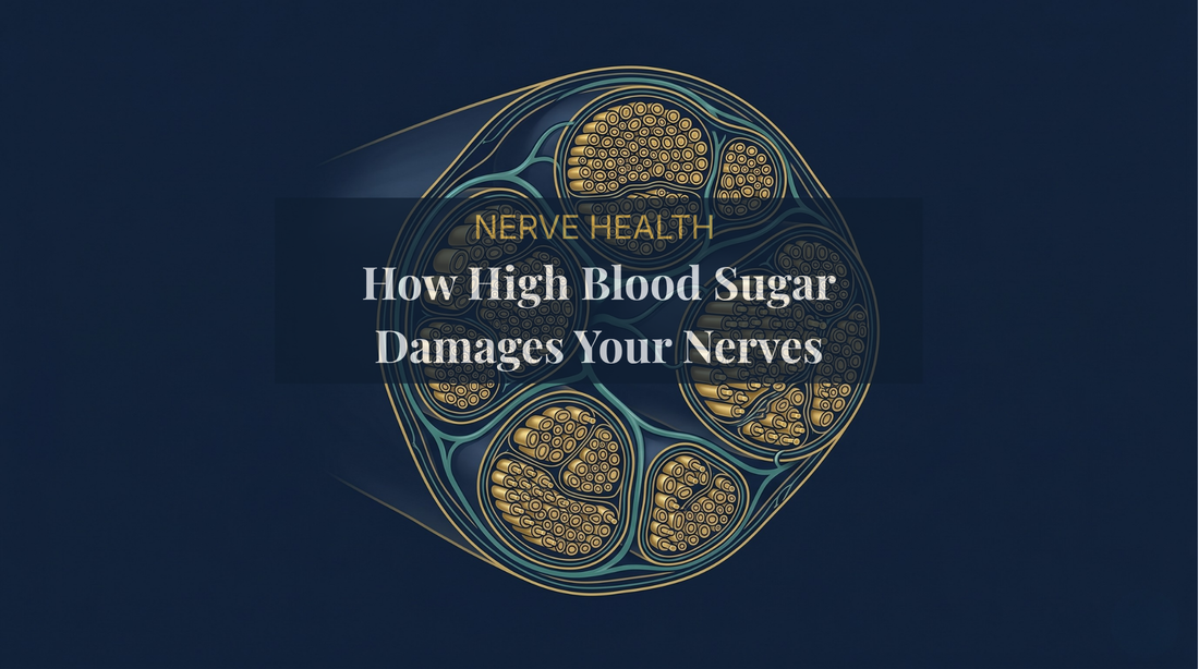 Editorial cross-section of a peripheral nerve showing bundled axons, myelin sheath, fascicles, and the vasa nervorum blood supply, illustrating how high blood sugar damages nerve fibers in diabetic neuropathy — DrFitzNutrition.com