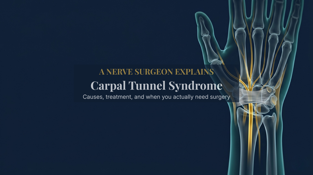 Editorial illustration of the median nerve glowing gold through the carpal tunnel of a translucent wrist on a navy background — DrFitzNutrition.com