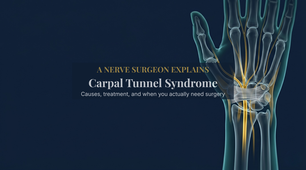 Editorial illustration of the median nerve glowing gold through the carpal tunnel of a translucent wrist on a navy background — DrFitzNutrition.com