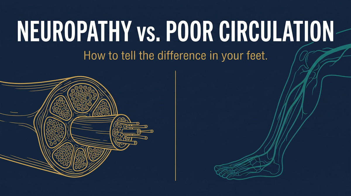 Neuropathy vs poor circulation comparison graphic showing a peripheral nerve cross-section beside a narrowed lower-leg arterial tree — DrFitzNutrition.com