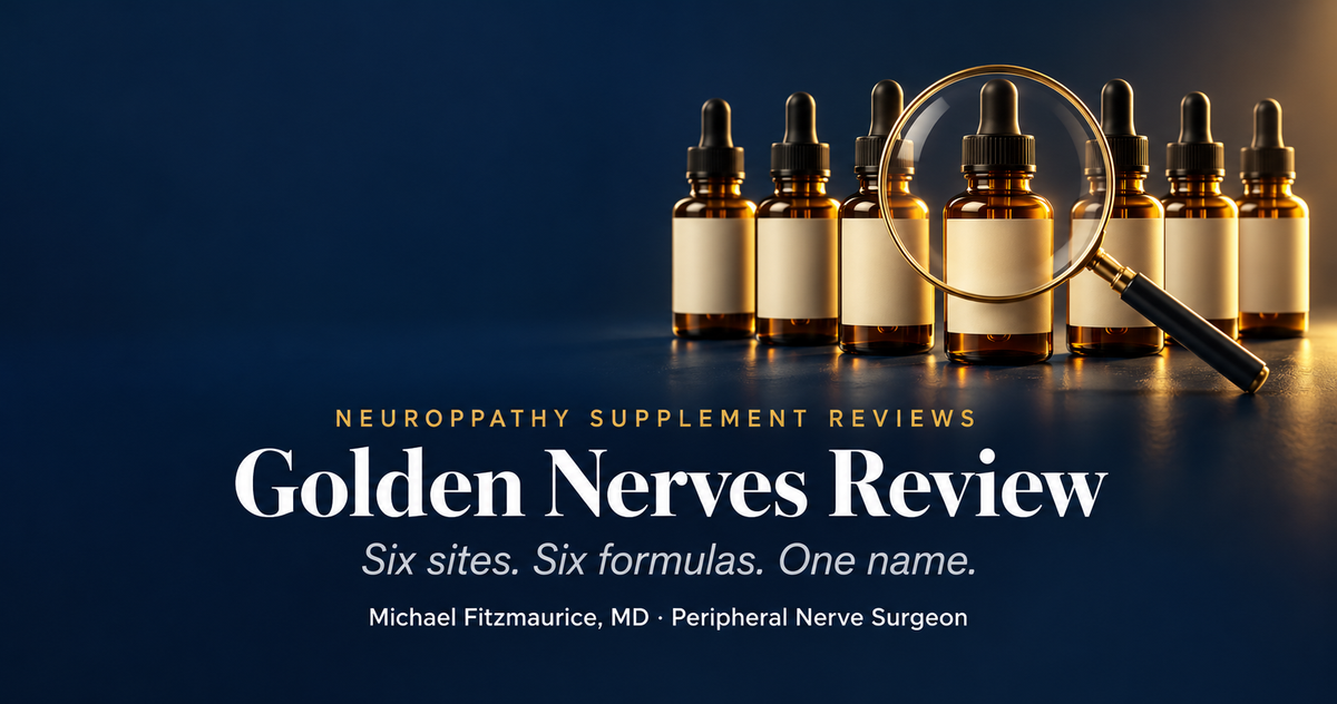 Golden Nerves review featured image showing six identical dropper bottles under a magnifying glass for a nerve surgeon’s label audit — DrFitzNutrition.com