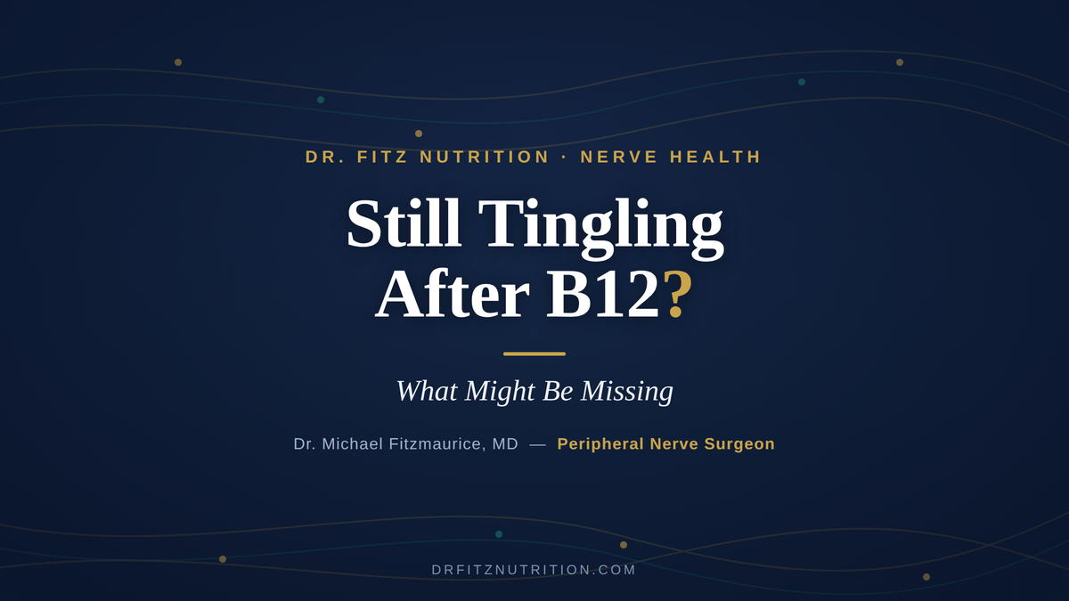 B12 for neuropathy title graphic reading "Still Tingling After B12? What Might Be Missing," by peripheral nerve surgeon Dr. Michael Fitzmaurice, on a navy nerve-fiber background — DrFitzNutrition.com