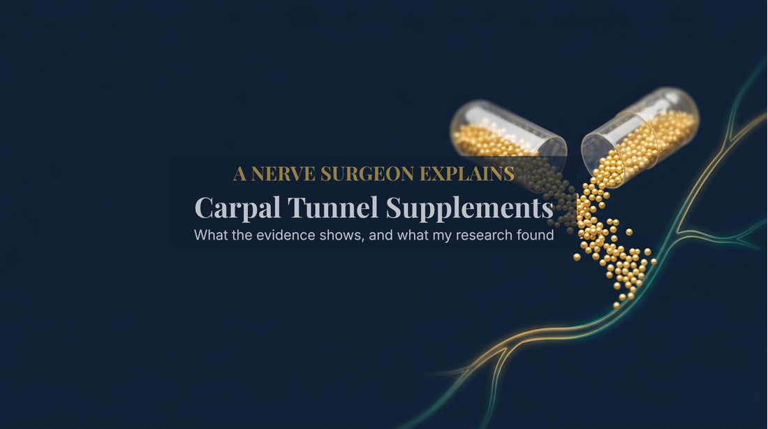Editorial image of a supplement capsule with gold granules beside a glowing nerve fiber on a navy background — DrFitzNutrition.com