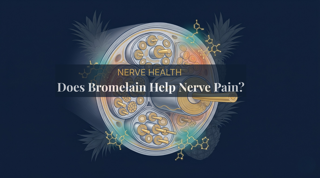 Editorial illustration of bromelain, a pineapple-derived enzyme, acting on inflamed peripheral nerve tissue through anti-inflammatory pathways, showing nerve axons and myelin — DrFitzNutrition.com