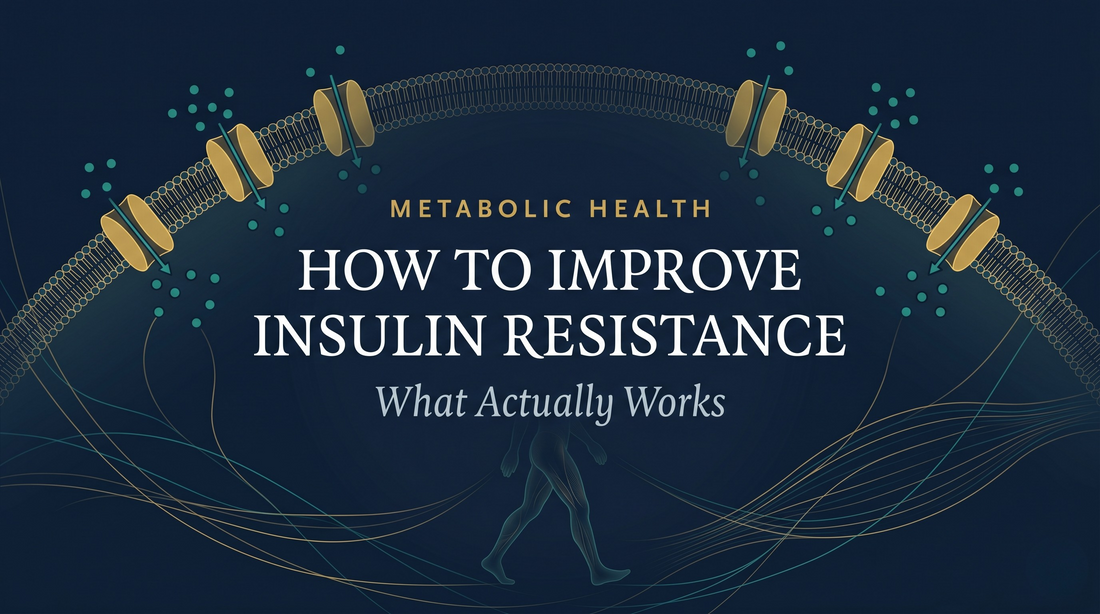 Editorial medical illustration of muscle-cell glucose uptake through GLUT4 transporters, showing how exercise improves insulin resistance, over navy with gold and teal accents — DrFitzNutrition.com
