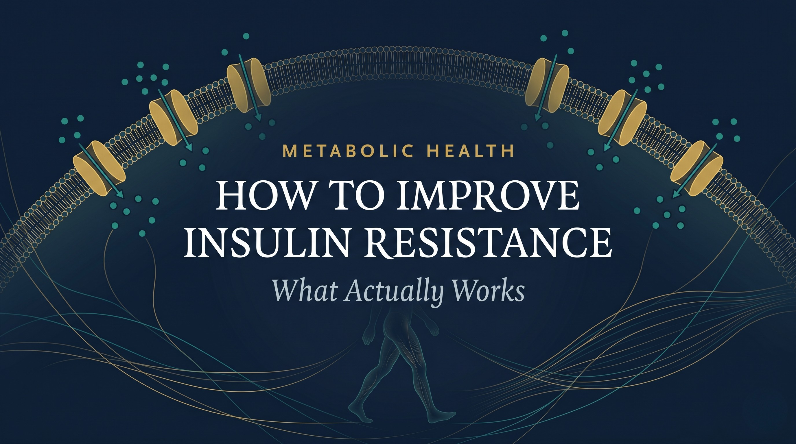 Editorial medical illustration of muscle-cell glucose uptake through GLUT4 transporters, showing how exercise improves insulin resistance, over navy with gold and teal accents — DrFitzNutrition.com