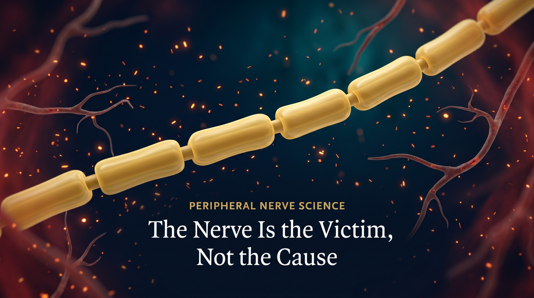 Editorial illustration of a healthy gold peripheral nerve fiber surrounded by oxidative stress, constricted microvessels, and inflammation, showing neuropathy as an environmental problem around the nerve — DrFitzNutrition.com