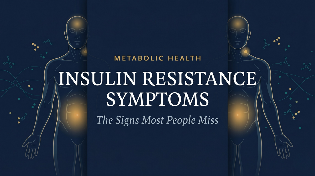  Editorial medical illustration of early insulin resistance symptoms — central adiposity, neck skin changes, and brain fog — mapped on a human figure over navy with gold and teal signal accents — DrFitzNutrition.com