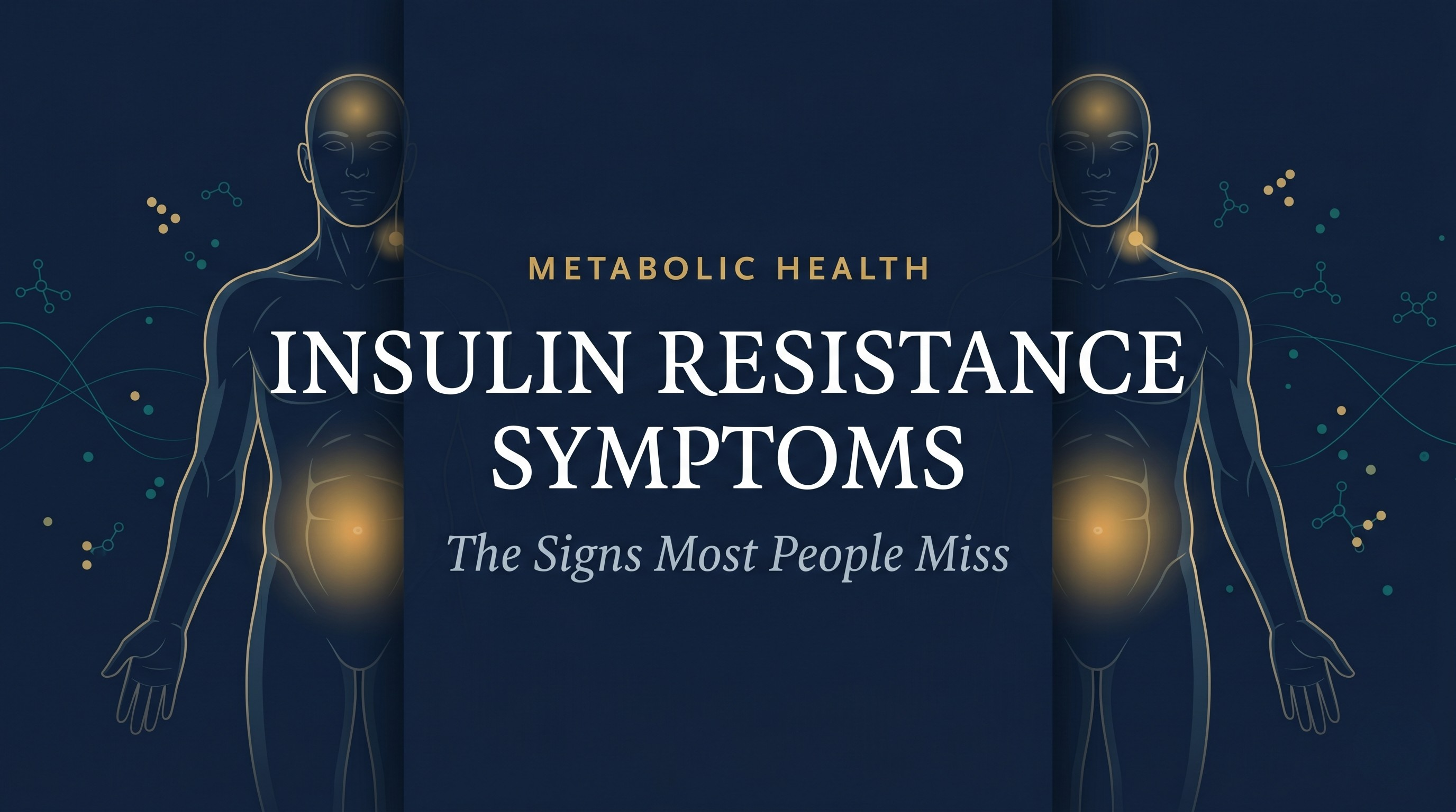 Editorial medical illustration of early insulin resistance symptoms — central adiposity, neck skin changes, and brain fog — mapped on a human figure over navy with gold and teal signal accents — DrFitzNutrition.com