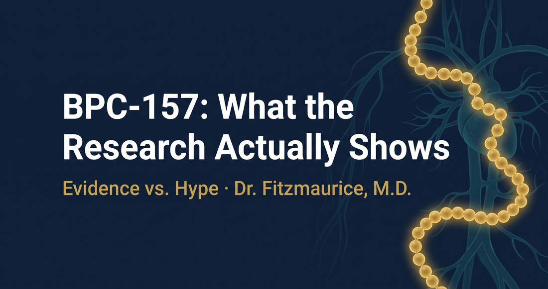 BPC-157 research overview featured image with title text over a navy and gold peptide illustration — DrFitzNutrition.com
