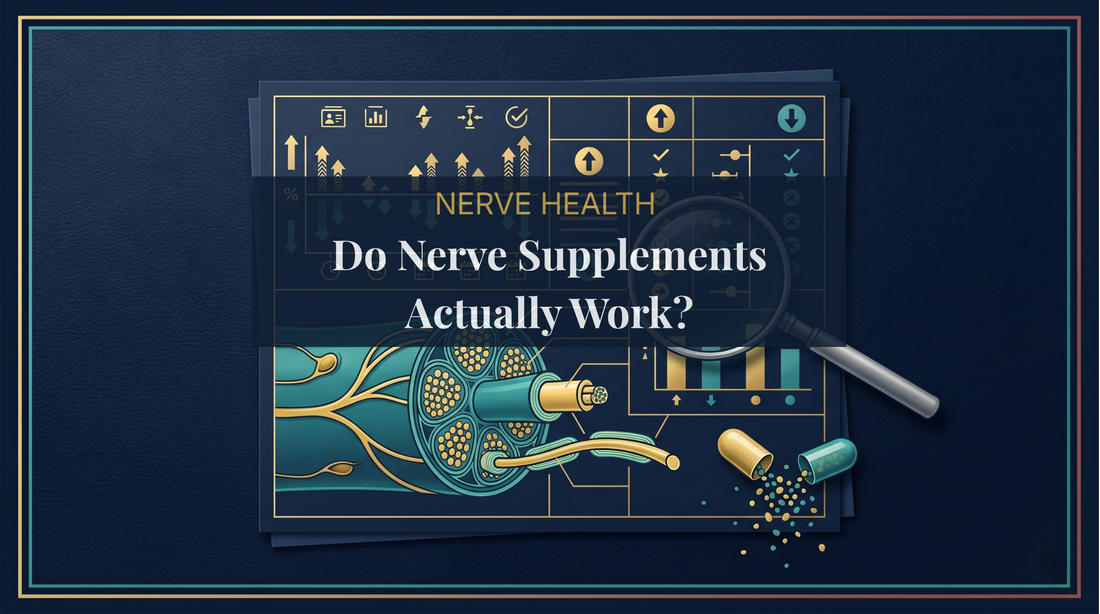 Editorial medical illustration of a clinical evidence review of nerve support supplement ingredients, showing a supplement capsule and magnifying lens over a research chart, by a peripheral nerve surgeon — DrFitzNutrition.com