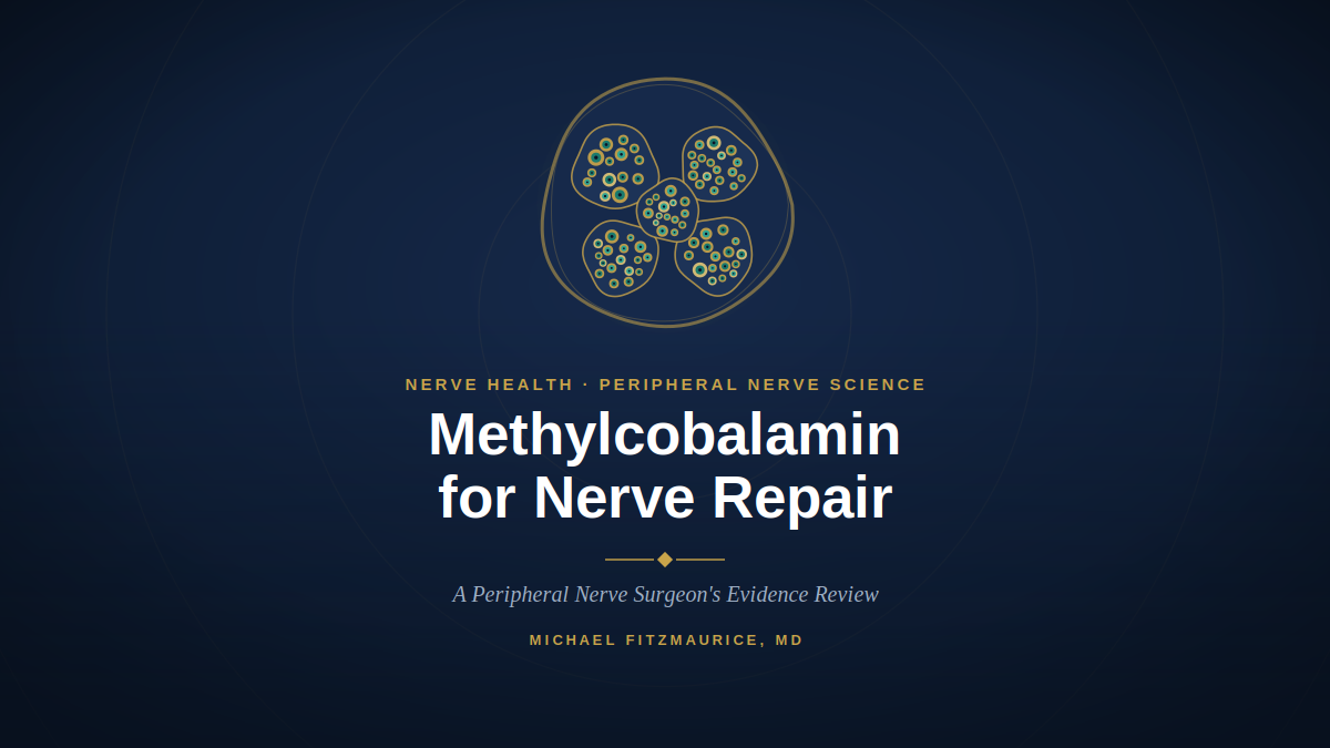 Editorial cross-section of a peripheral nerve showing fascicles, myelinated axons, and the myelin sheath — methylcobalamin for nerve repair, explained by Michael Fitzmaurice, MD — DrFitzNutrition.com