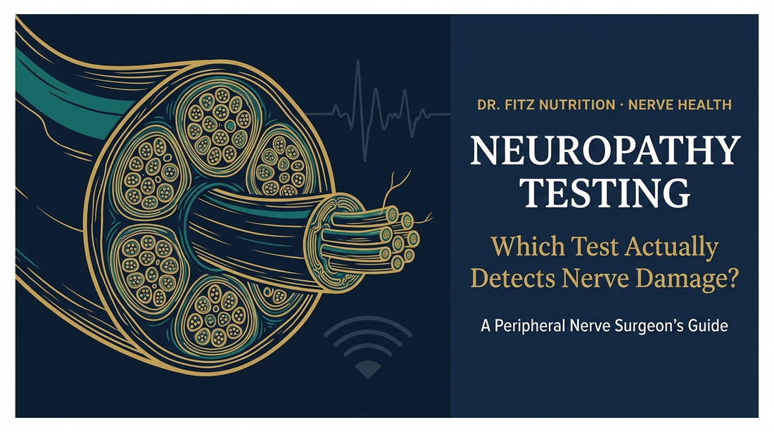 Neuropathy testing guide cover: which test detects nerve damage, EMG, skin biopsy, and nerve ultrasound explained by a peripheral nerve surgeon — DrFitzNutrition.com