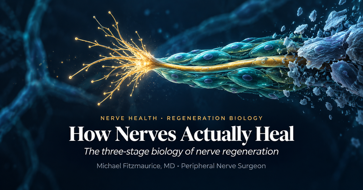 Editorial illustration of a regenerating peripheral nerve axon with a glowing growth cone advancing along Schwann cell bands of Büngner after Wallerian degeneration, showing the biology of nerve regeneration — DrFitzNutrition.com