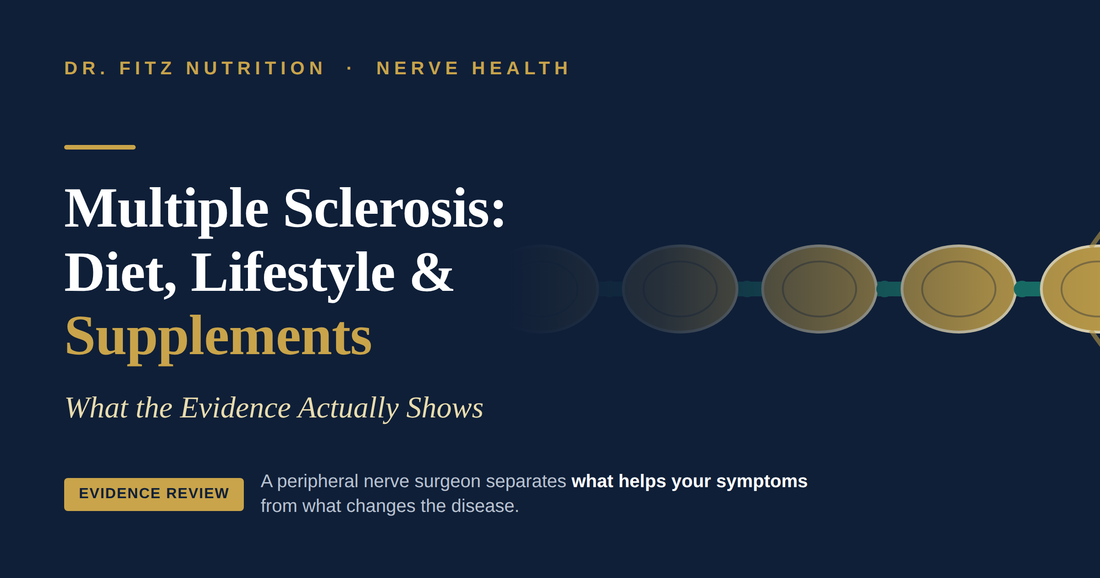 Multiple sclerosis diet, lifestyle, and supplements evidence review by peripheral nerve surgeon Dr. Fitz, with a gold myelinated nerve fiber illustration — DrFitzNutrition.com
