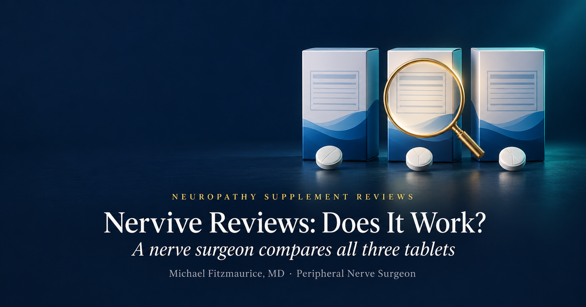 Nervive reviews featured image showing three supplement boxes under a magnifying lens for a nerve surgeon’s label comparison — DrFitzNutrition.com