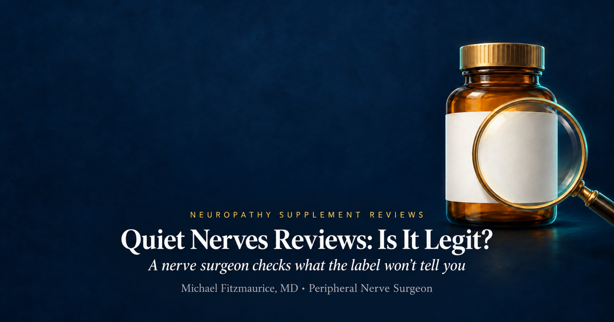 Quiet Nerves reviews featured image showing a supplement bottle with a blank label under a magnifying lens — DrFitzNutrition.com