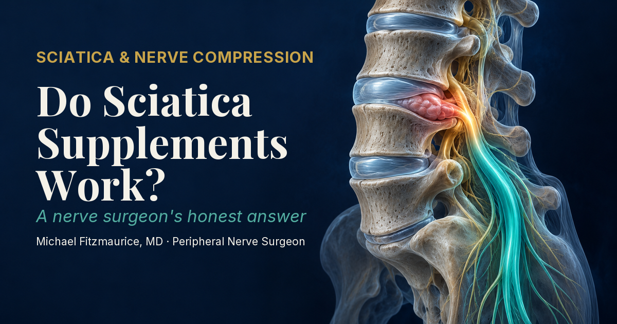 Do sciatica supplements work, illustration of a herniated lumbar disc compressing and inflaming a sciatic nerve root, by peripheral nerve surgeon Michael Fitzmaurice, MD — DrFitzNutrition.com