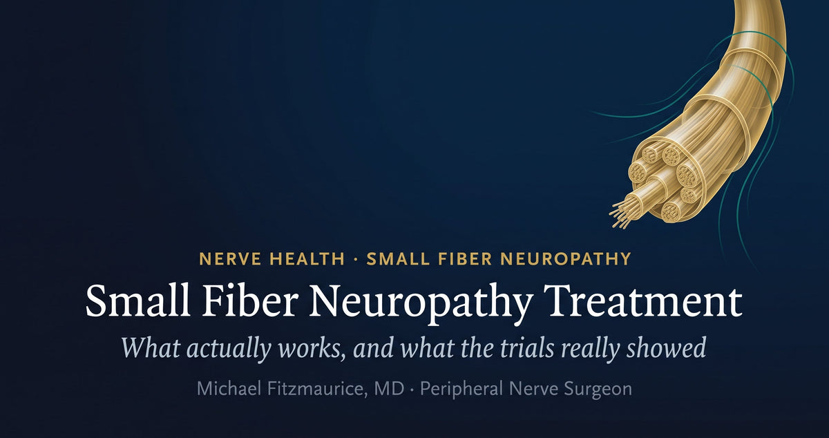 Editorial illustration of a peripheral nerve in cross-section with layered treatment markers, illustrating small fiber neuropathy treatment options and their limits — DrFitzNutrition.com