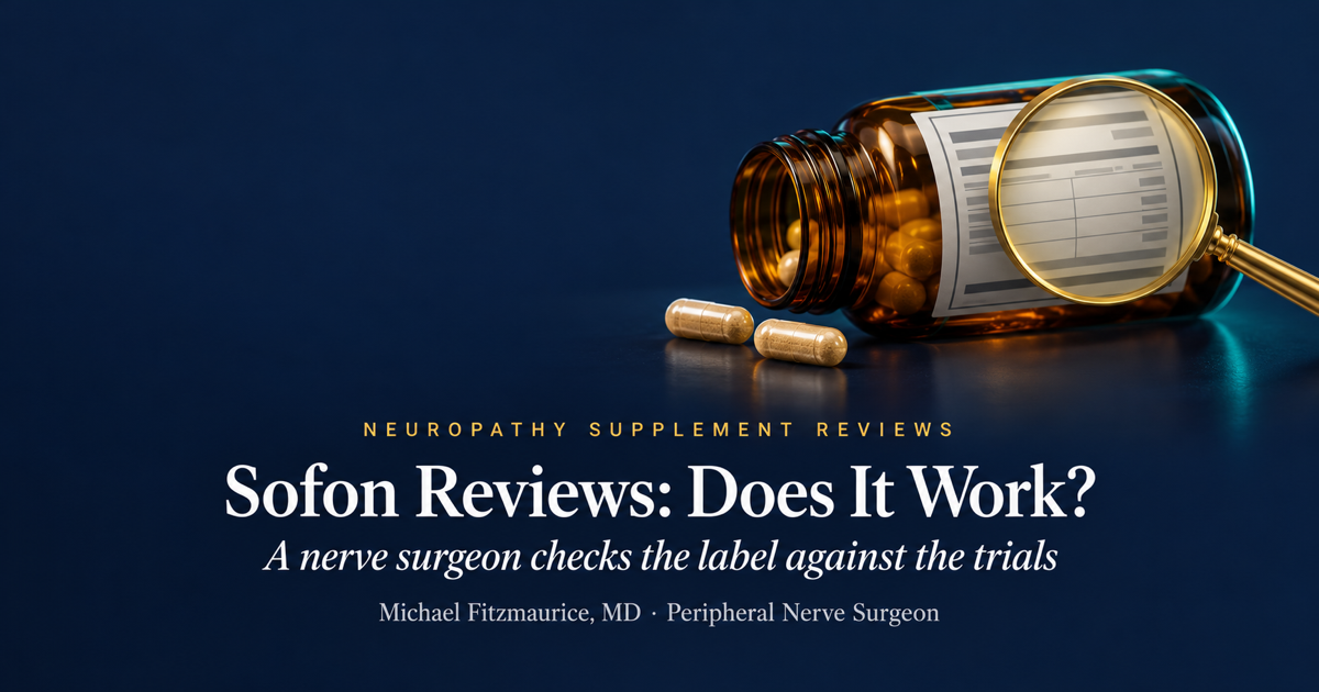 Sofon reviews featured image showing a supplement bottle under a magnifying lens for a nerve surgeon's label audit — DrFitzNutrition.com