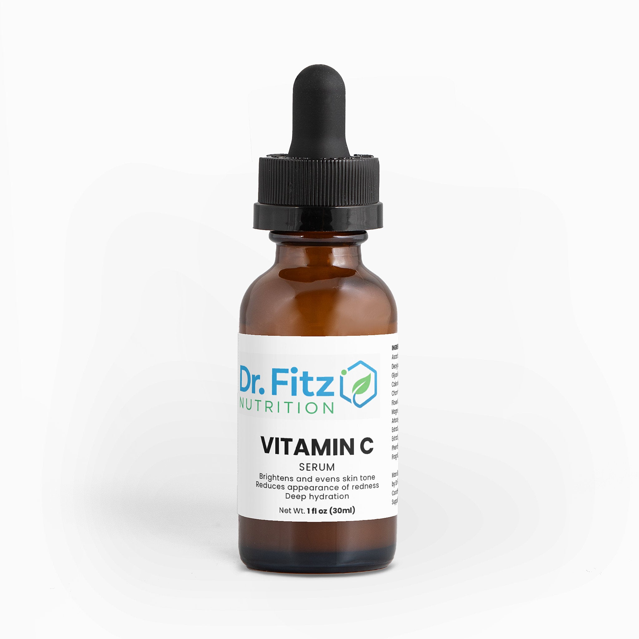 Brown glass bottle with dropper labeled 'Dr. Fitz Nutrition Vitamin C Serum' on a white background