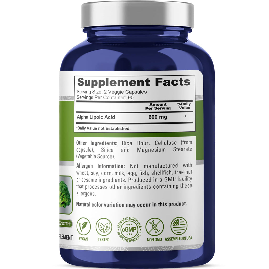 Alpha Lipoic Acid 600 mg – 180 Veggie Capsules (90-Day Supply)