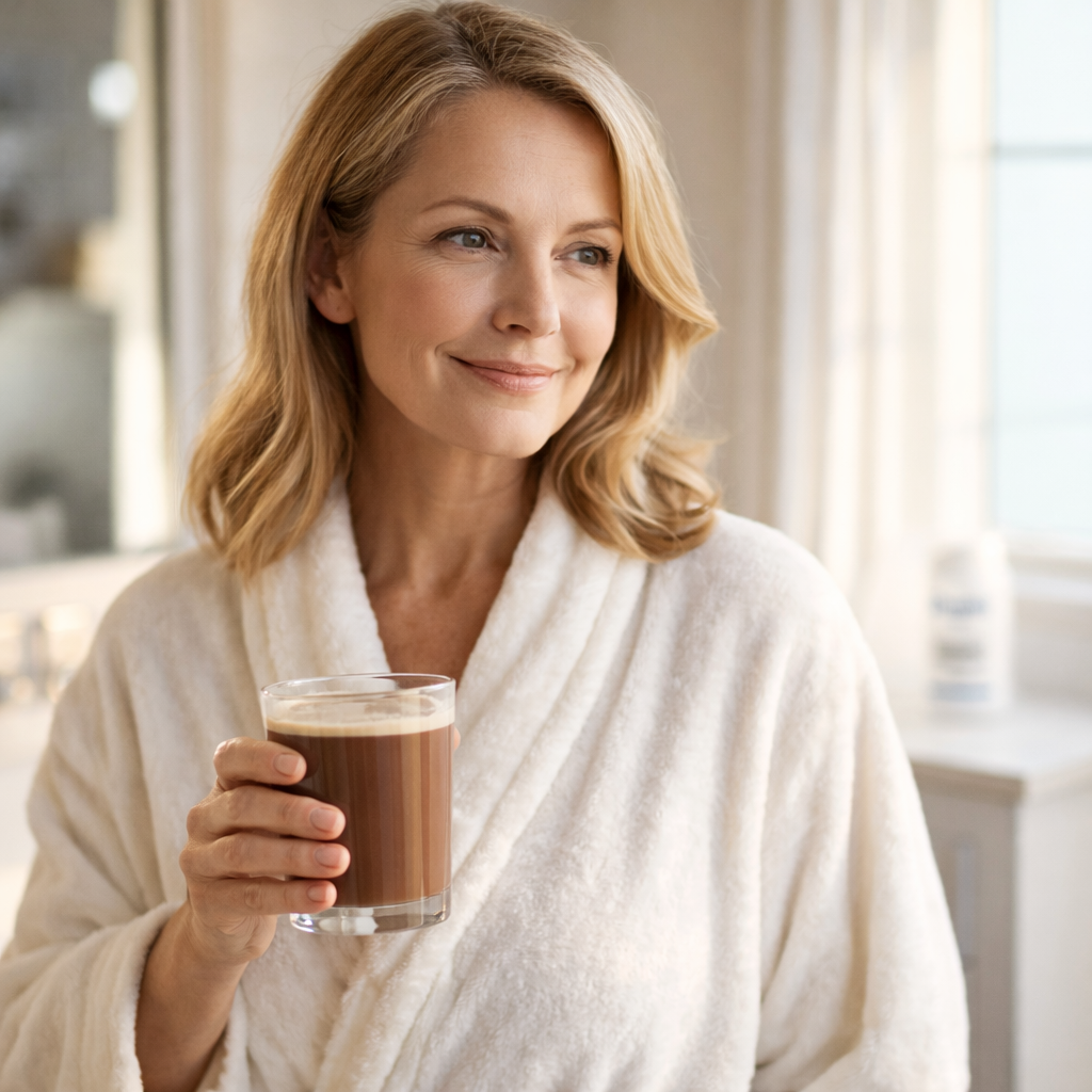 Woman in her 40s enjoying a chocolate collagen peptide drink as part of her daily wellness routine featuring Dr. Fitz Nutrition Collagen Maximizer Bundle