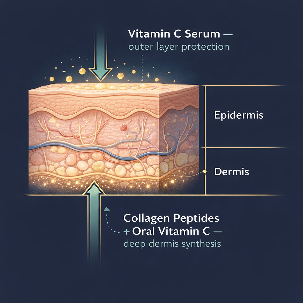 Medical illustration showing how oral collagen peptides and vitamin C support deep dermal collagen synthesis while topical vitamin C serum protects the outer epidermal layer of skin