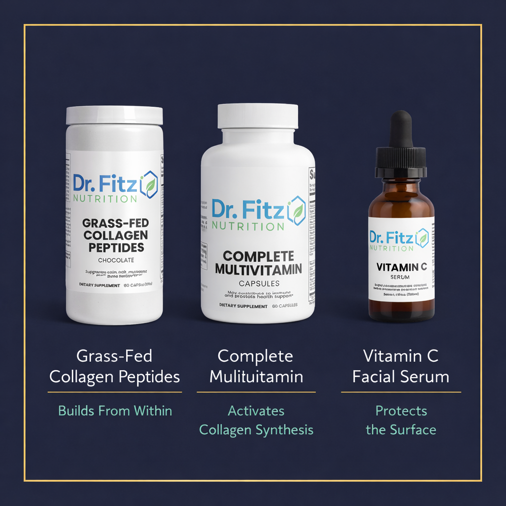 Dr. Fitz Nutrition Collagen Maximizer Bundle three-product system: grass-fed collagen peptides builds from within, complete multivitamin activates collagen synthesis, vitamin C facial serum protects the surface