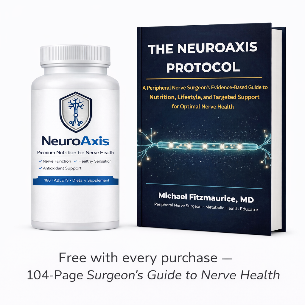 NeuroAxis nerve support supplement with free Surgeon's Guide to Nerve Health ebook — 104-page guide by peripheral nerve surgeon Michael Fitzmaurice MD